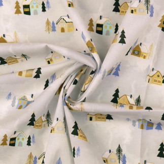 Cotton - Christmas houses gold foil cream