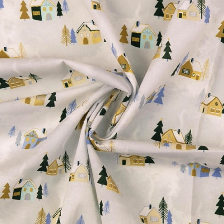 Cotton - Christmas houses gold foil cream