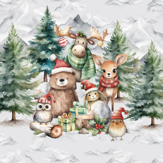 French Terry - Forêt de Noël tous ensemble gris clair 40 x 50 cm
