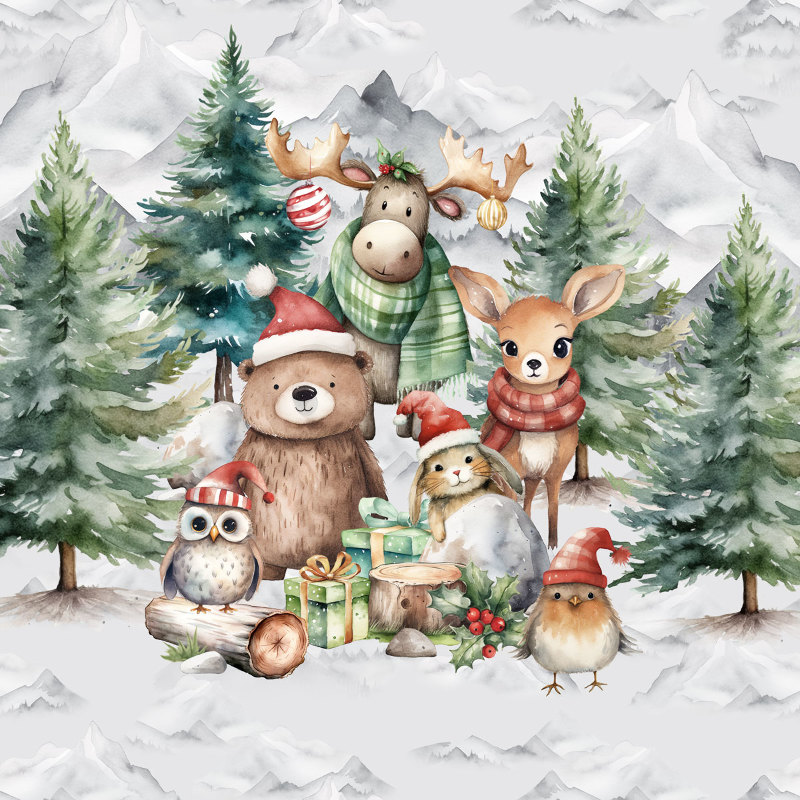 french terry - Forêt de Noël tous ensemble gris clair 40 x 50 cm