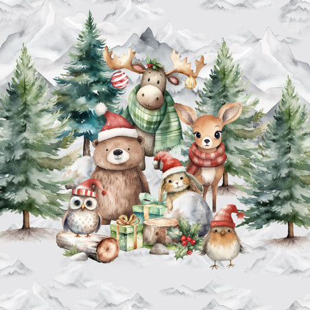 French Terry - Christmas forest all together light grey 40 x 50 cm