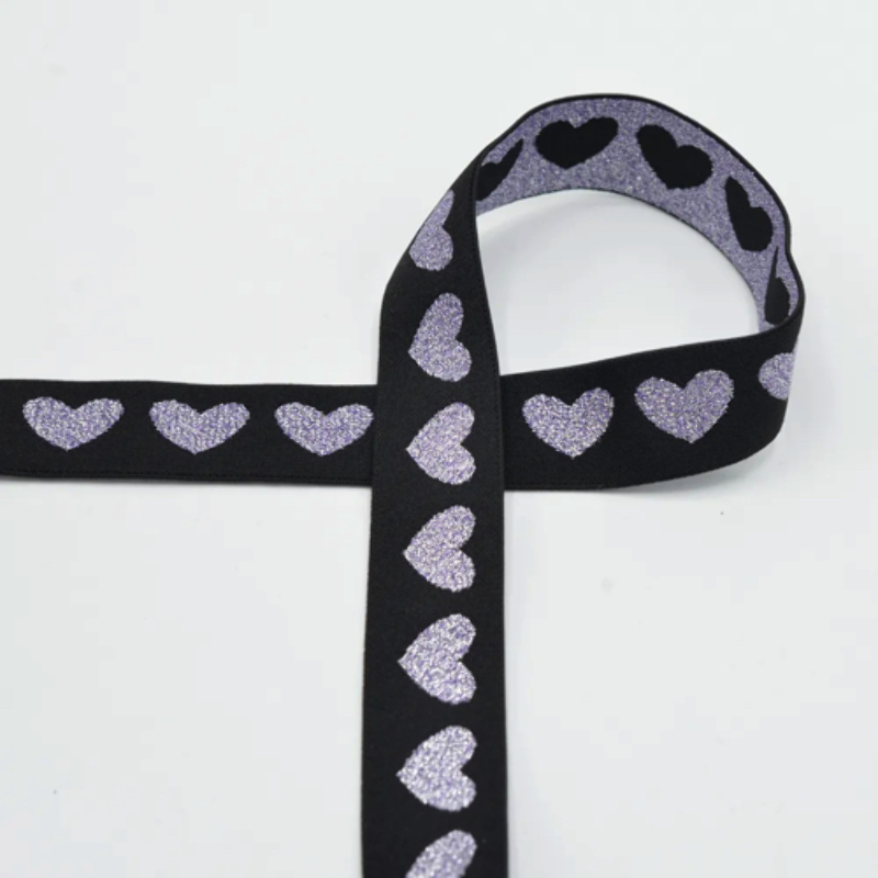 Elastic ribbon - 25mm Lurex hearts purple