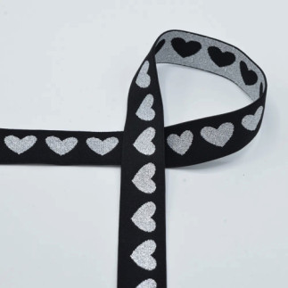 Elastic band - 25mm Lurex hearts silver