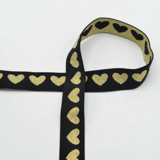 Bande élastique - 25 mm Lurex coeurs dorés