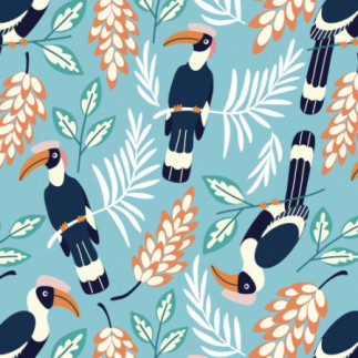 Coton tissé bio - Nerida Hansen - Tropical Lush Birds bleu clair