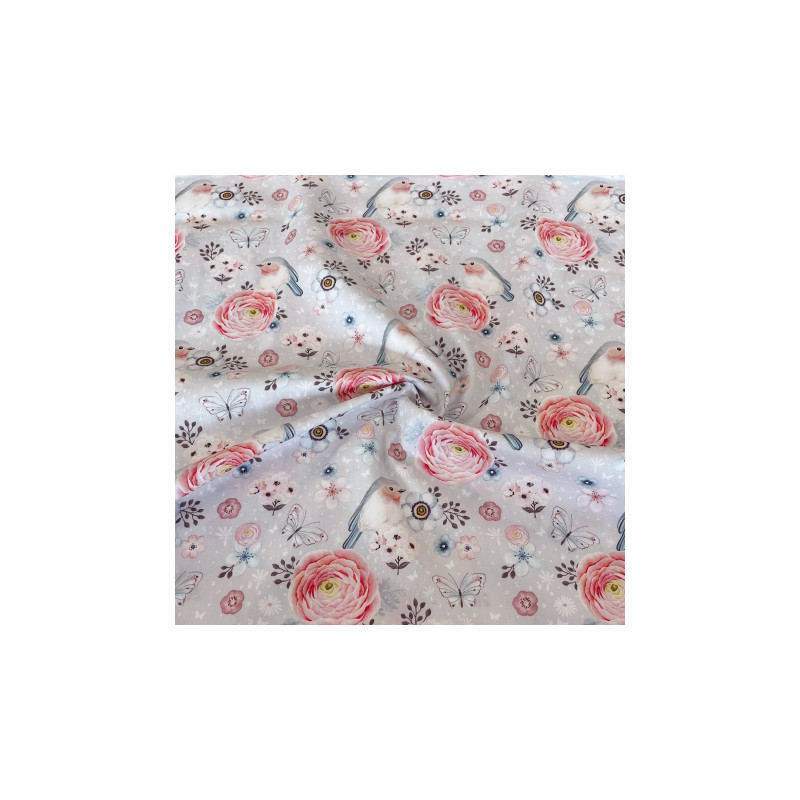 Cotton popline - Flowers and Birds light grey