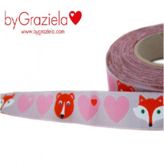 Woven ribbon - byGraziela hearts with bear & fox grey-rose