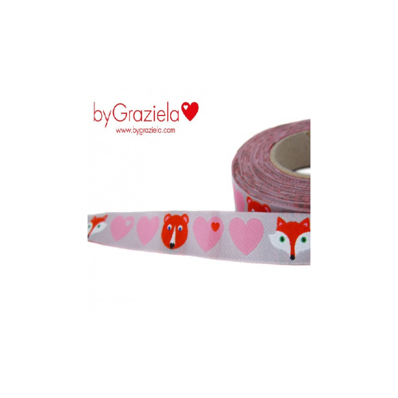 Woven ribbon - byGraziela hearts with bear & fox grey-rose