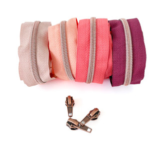 Fermeture éclair sans fin couleur cuivre métallique 6,5 mm 1 m avec 3 tirettes