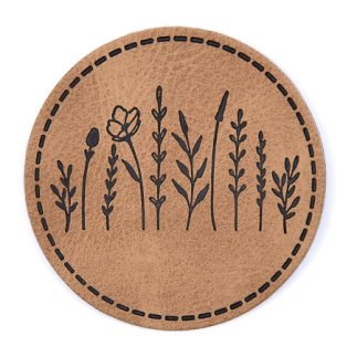 Étiquette similicuir XXL - Fleurs sauvages rondes marron