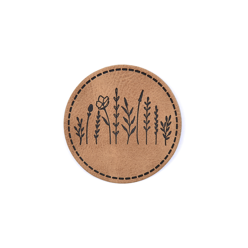 XXL synthetic leather label - Wildflowers round brown