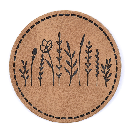 Étiquette similicuir XXL - Fleurs sauvages rondes marron