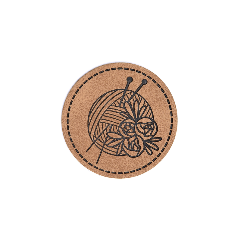Étiquette similicuir XXL - pelote de laine ronde marron
