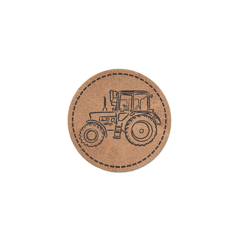 XXL synthetic leather label - tractor round brown