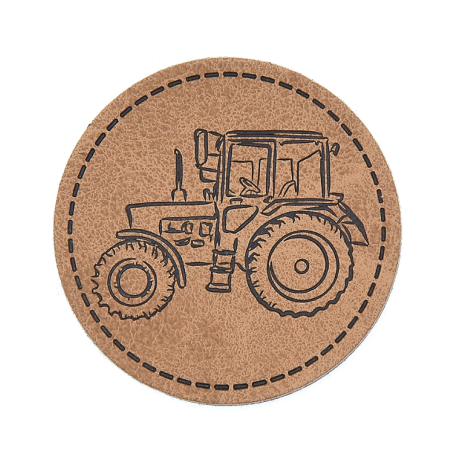 XXL synthetic leather label - tractor round brown