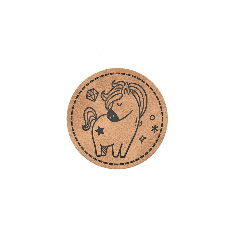 XXL synthetic leather label - Dreaming horse round brown