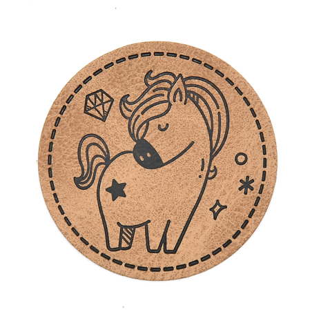 XXL synthetic leather label - Dreaming horse round brown