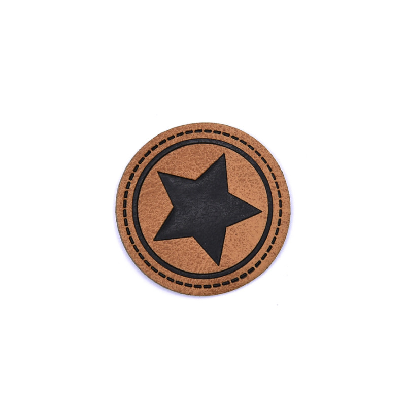 XL synthetic leather label - Big star round brown