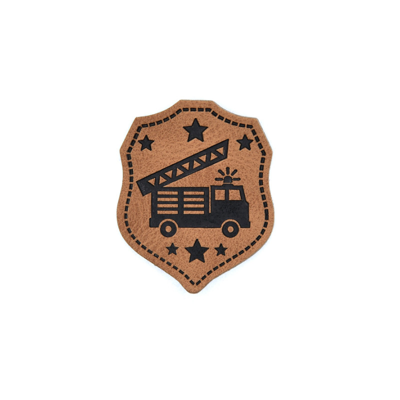 Étiquette similicuir XXL - blason des pompiers marron
