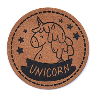 Étiquette similicuir XXL - Licorne ronde marron