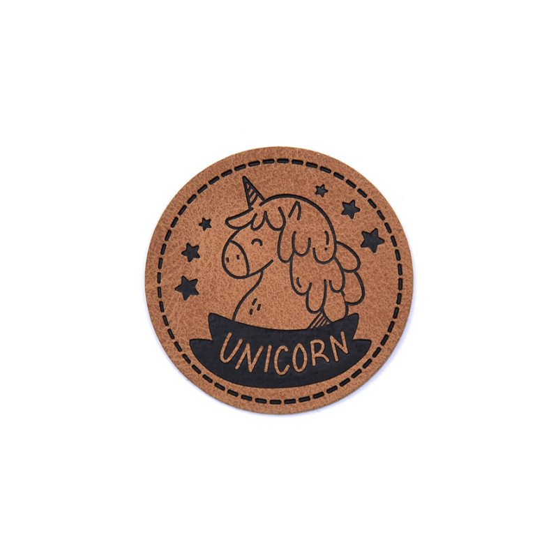 Étiquette similicuir XXL - Licorne ronde marron