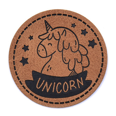 XXL synthetic leather label - Unicorn round brown