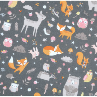tissu enduite PVC - Animaux de la forêt gris foncé