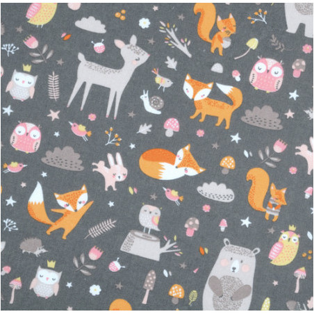 tissu enduite PVC - Animaux de la forêt gris foncé