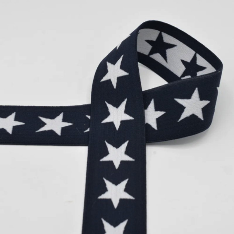 Elastic ribbon with stars 40mm white on navy