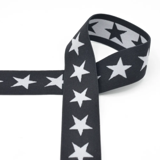 Elastic ribbon with stars 40mm light grey on black (qt)