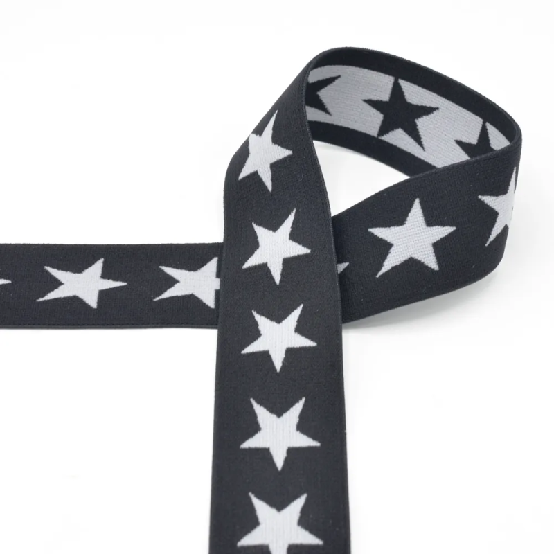 Elastic band with stars 40mm light grey on black (qt)