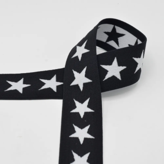 Elastic ribbon with stars 40mm white on black