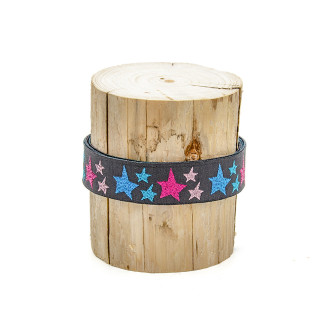 Woven ribbon - Urmelis Stoffwelt - Glitter stars colorful on grey
