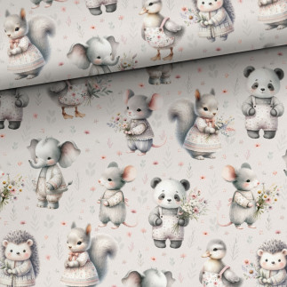 coton tissé - Rétro Fleur Animaux gris clair