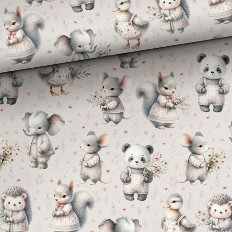 Coton - Rétro Fleur Animaux gris clair