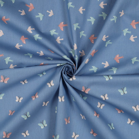 coton tissé bio - Papillons bleu denim