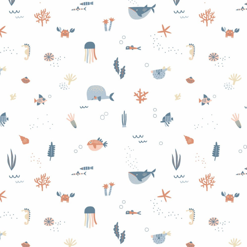 coton tissé - Ocean Life blanc