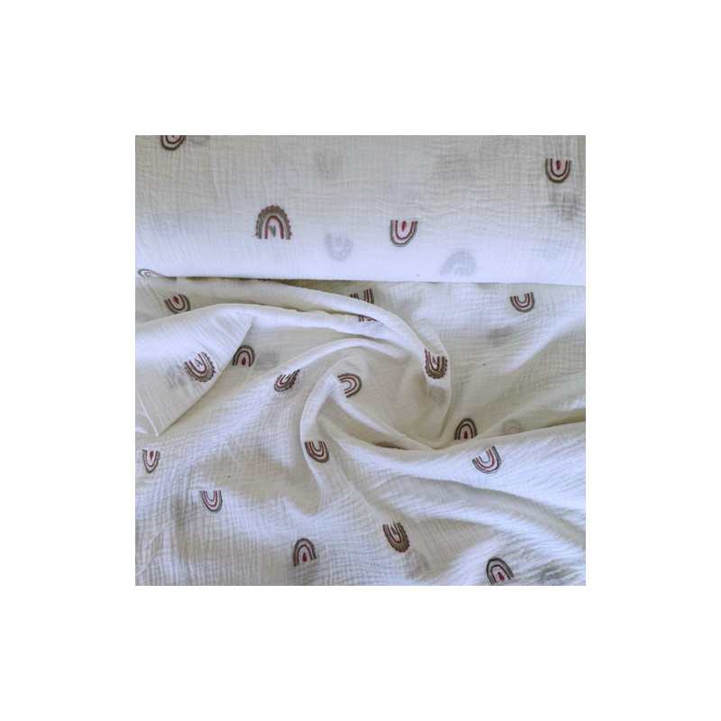 double gaze - Arc-en-ciel brodé taupe/saumon sur blanc