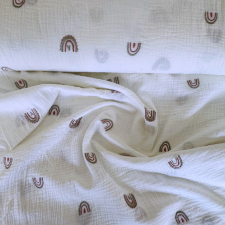 double gaze - Arc-en-ciel brodé taupe/saumon sur blanc