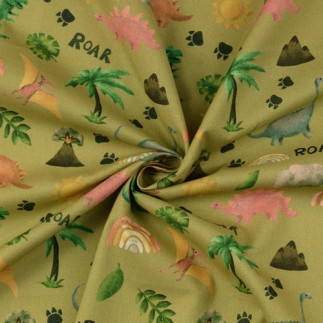 Cotton - Dino World olive