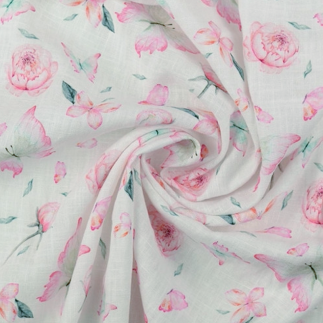 Mélange lin lavé - Papillons et roses blanc