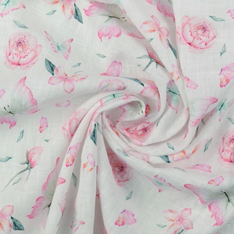 Mélange lin lavé - Papillons et roses blanc