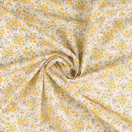 coton tissé - Mini fleurs jaunes sur fond naturel