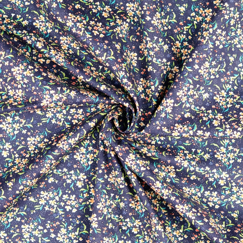 coton tissé - Prairie de fleurs bleu marine