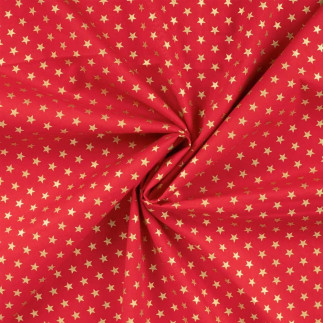 coton tissé - Étoiles de Noël dorées sur rouge