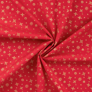 Cotton - Christmas Snowflakes gold on red