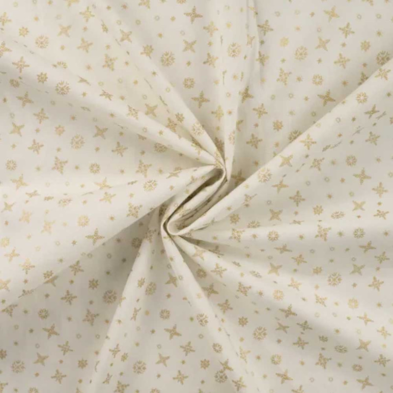 coton tissé - Flocons de neige de Noël dorés sur écru