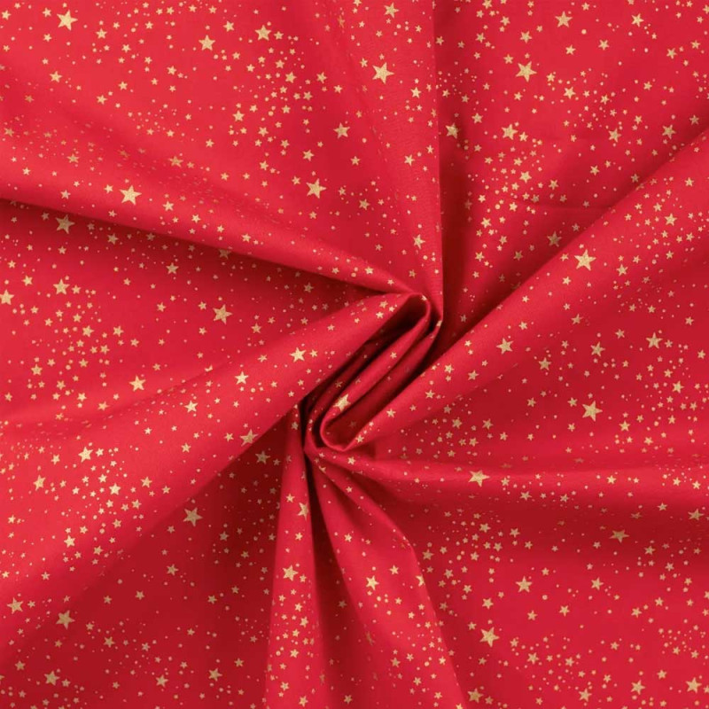 Cotton - Christmas star mix gold on red