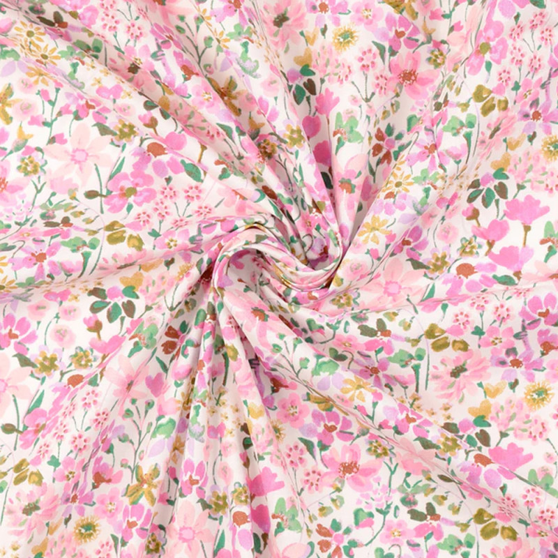 coton tissé - champ de fleurs rose sur fond naturel