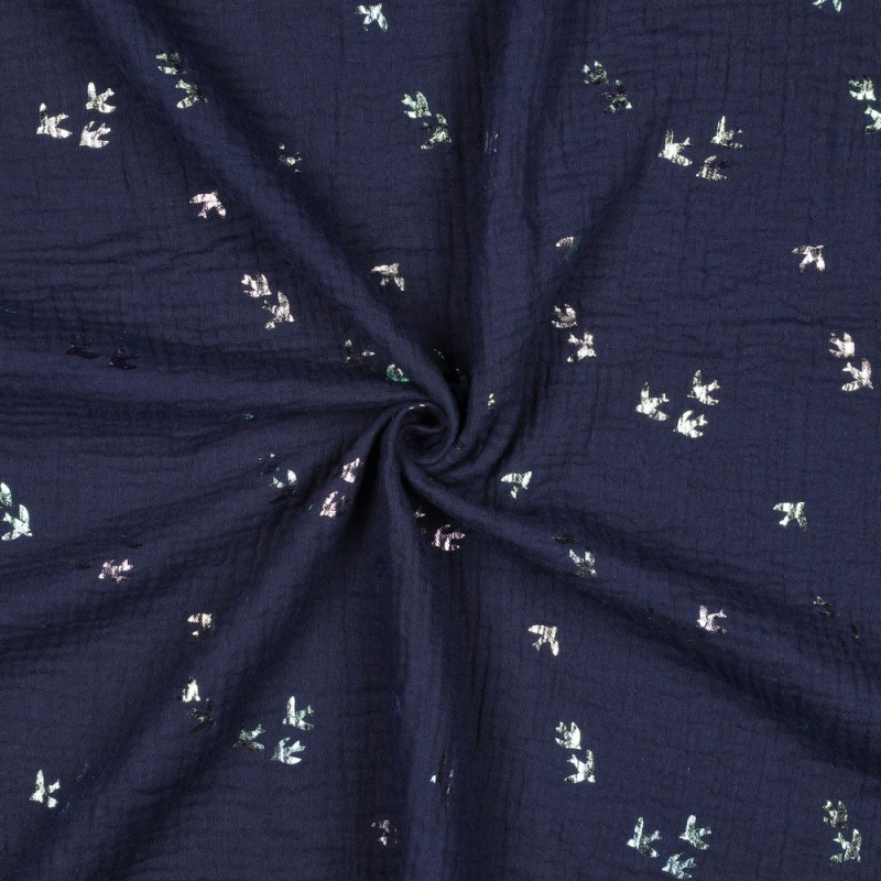 double gauze - Foil birds navy